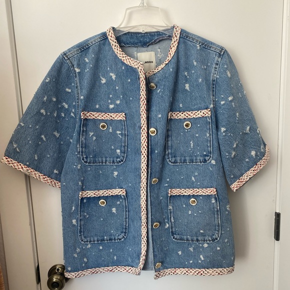 SANDRO  Lorette Distressed Short Sleeve Demin Jacket NWT - Picture 3 of 9